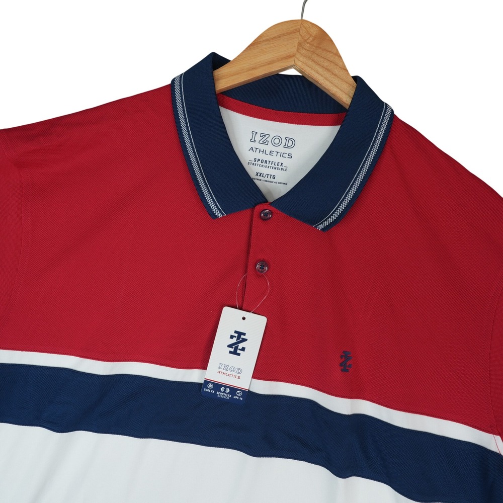 IZOD Athletics‎ Polo Shirt Mens XXL Red White Blue SportFlex Colorblock Stretch